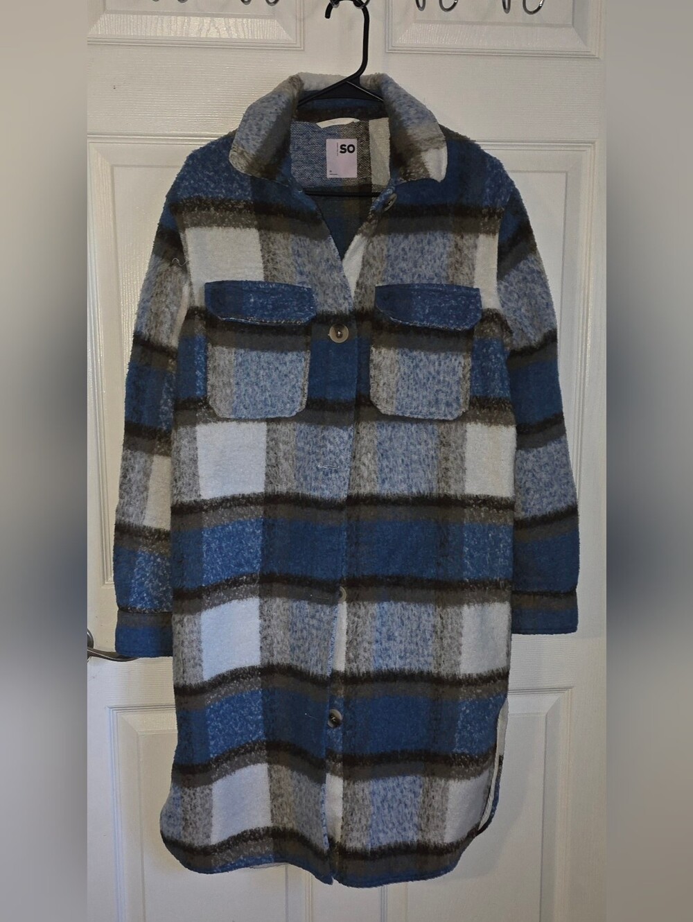 SO Blue White Gray Plaid Shacket Coat